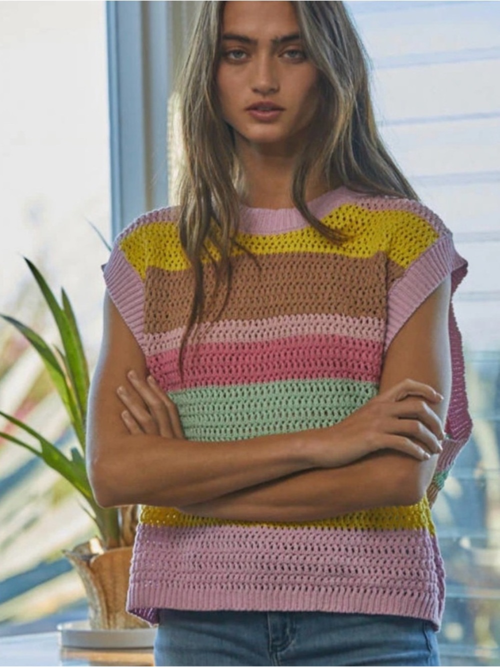 By Together Boutique Pastel Multi-Stripe Knit Sweater Vest - Pink, Yellow, Mint